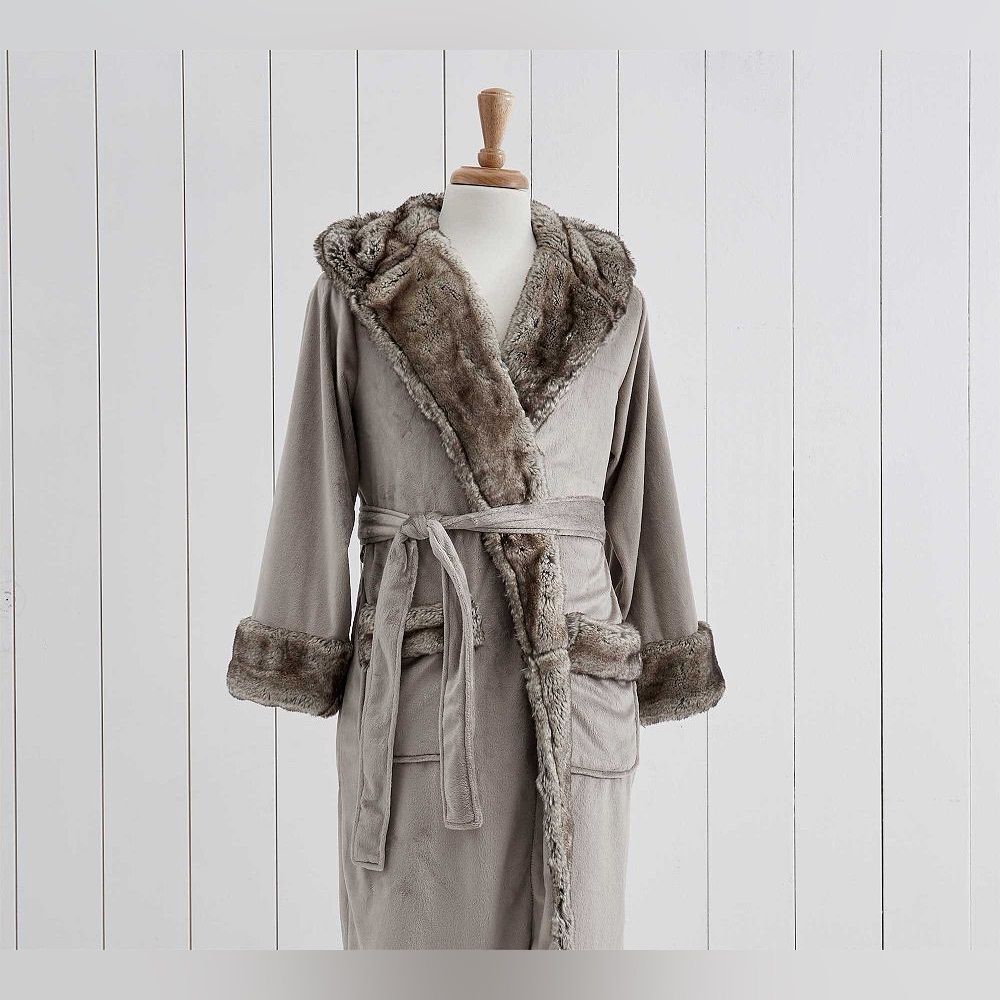 Pottery Barn Taupe Hooded Faux-Fur Trim Robe